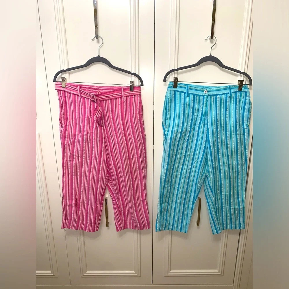 Kim Rogers set 2 pink/ blue striped cotton capris 10